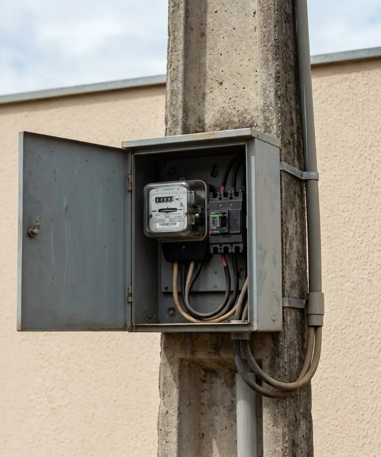 Padrão de entrada de energia residencial com medidor e disjuntor geral