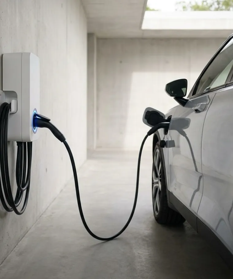 Carregador wallbox instalado em garagem, com carro elétrico conectado