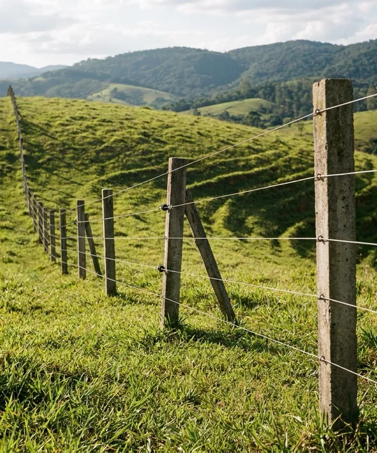 Cerca elétrica acompanhando o declive do terreno, com hastes em alturas diferentes