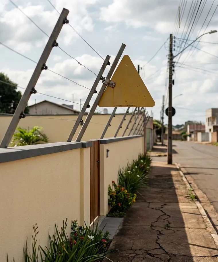 Muro baixo com haste de cerca elétrica inclinada para dentro do terreno e placa de advertência