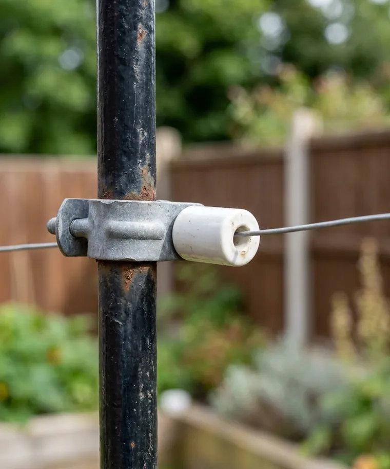 Fixação de haste de cerca elétrica em gradil metálico, com isolador