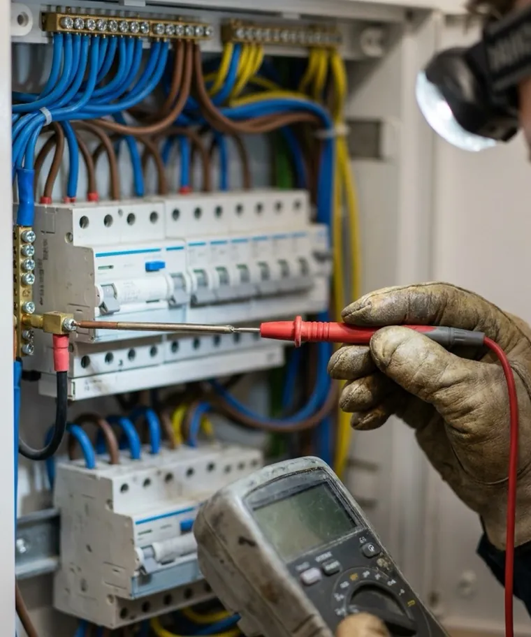 Medição de circuito com multímetro em quadro de distribuição durante diagnóstico