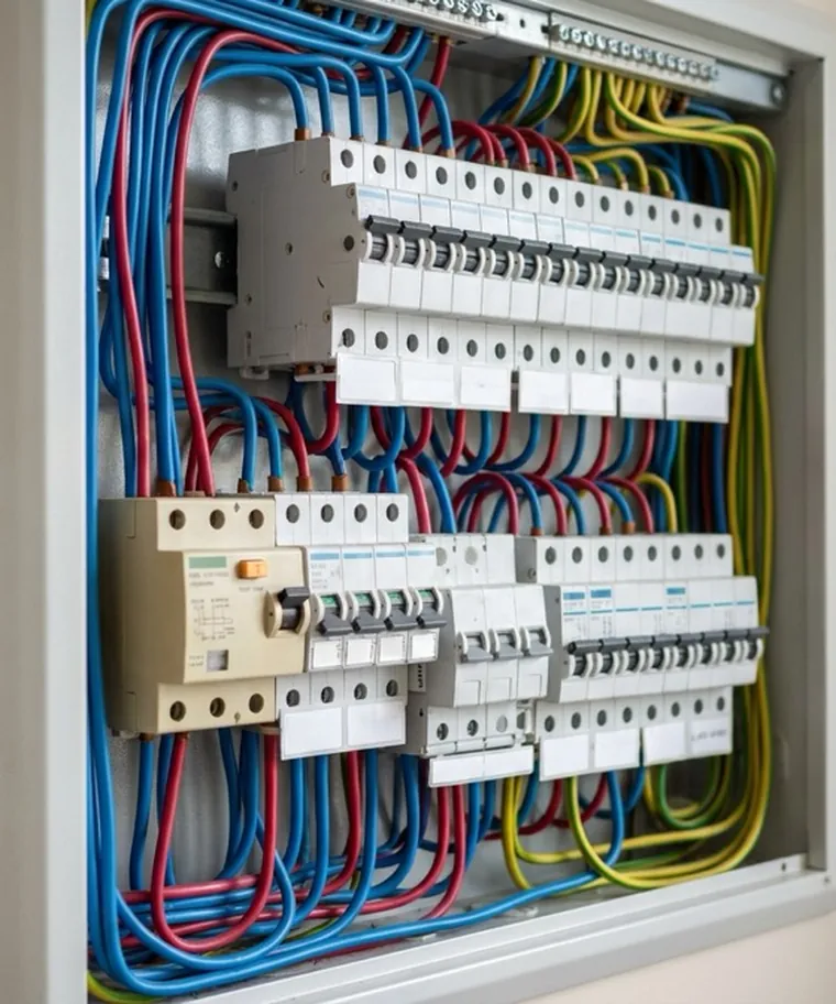 Quadro de distribuição elétrica montado e organizado, com disjuntores identificados