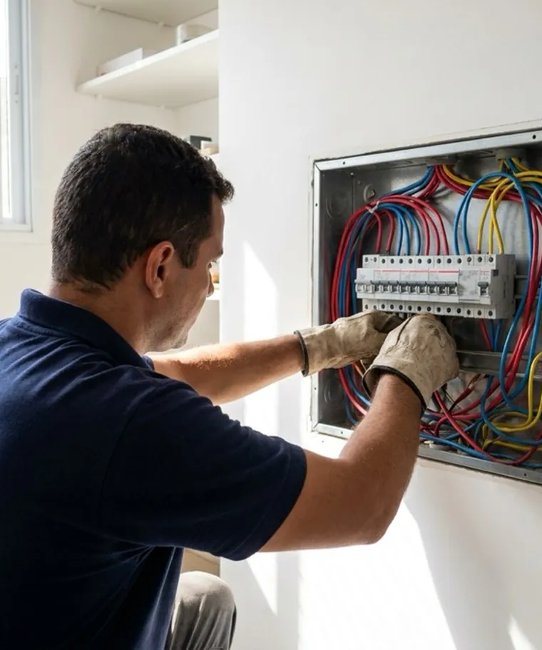 Eletricista da Thapamami trabalhando em quadro de distribuição em residência de Santo André