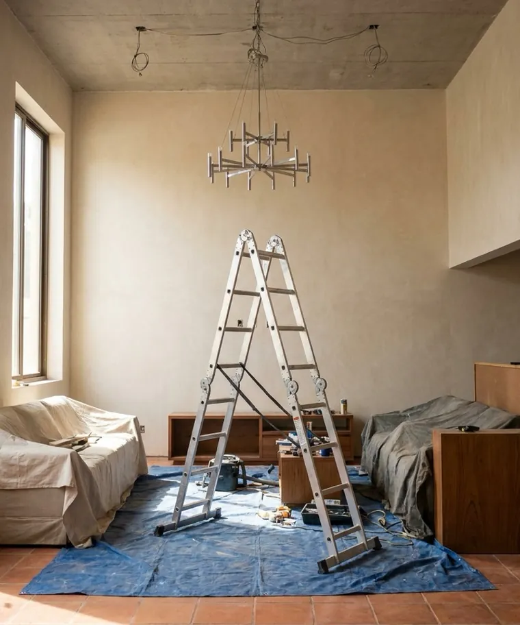 Escada de plataforma montada para instalação de lustre em sala de pé-direito alto