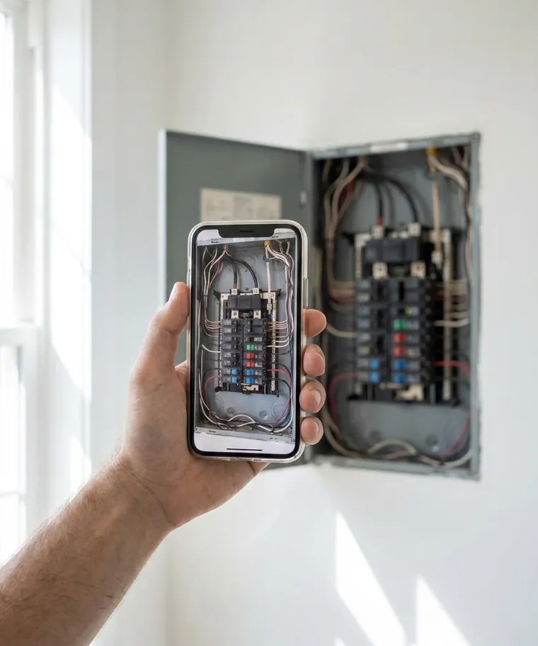 Pessoa fotografando o quadro de luz com o celular para pedir orçamento pelo WhatsApp