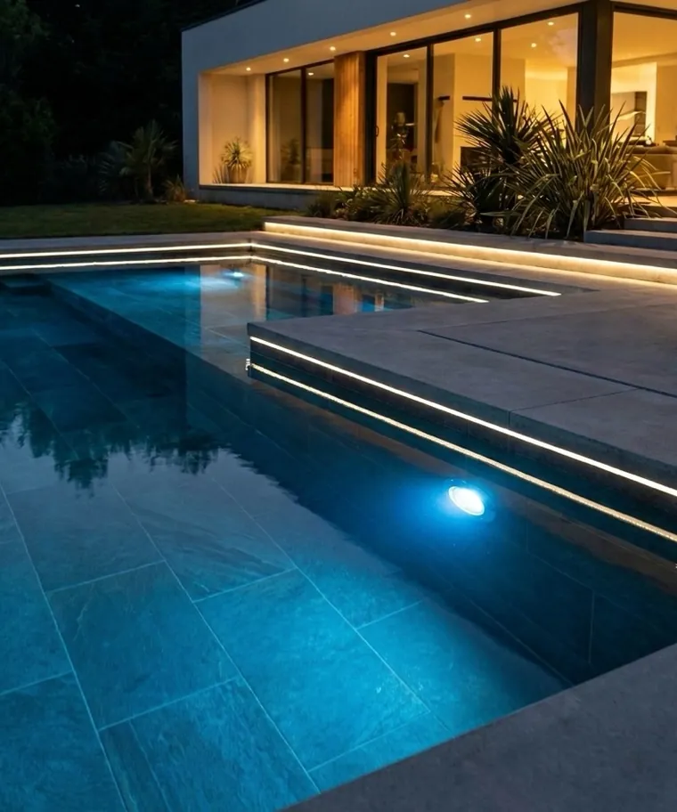 Refletor LED de piscina, com a piscina cheia